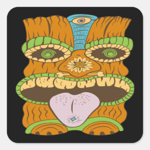 Sticker Carré Statue Tiki puissante dans une ambiance psychédéli