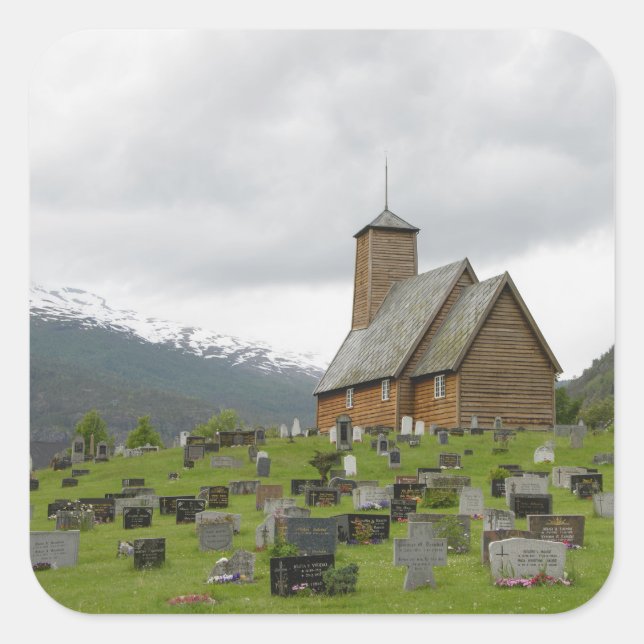 Sticker Carré Stave église avec cimetière, Norvège carré autocol (Devant)