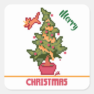 Sticker Carré stealing cat, tree, Pixel Art, Merry Christmas