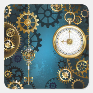 Sticker Carré Steampunk Arrière - plan turquoise avec Gears