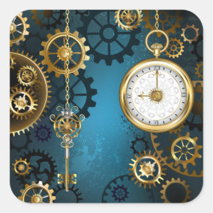 Sticker Carré Steampunk Arrière - plan turquoise avec Gears