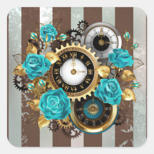 Sticker Carré Steampunk Clock and Turquoise Roses on Striped