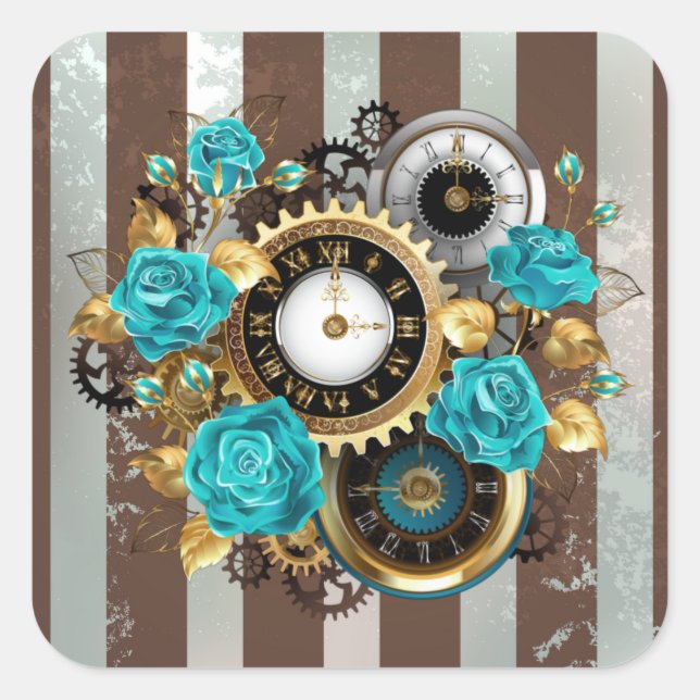 Sticker Carré Steampunk Clock and Turquoise Roses on Striped (Devant)
