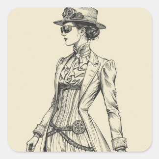 Sticker Carré Steampunk Elegance: Intricate Black & White Fashio