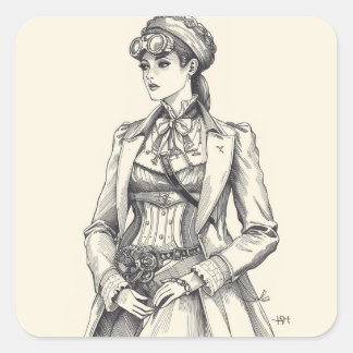 Sticker Carré Steampunk Elegance: Intricate Black & White Fashio