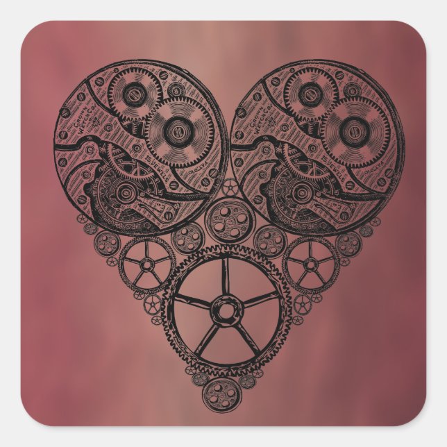 Sticker Carré Steampunk Horloge OEuvres et Coeur d'engrenage (Devant)