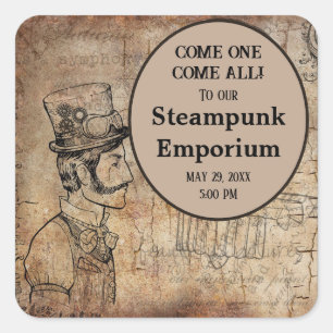 Sticker Carré Steampunk Inventeur Top Hat Personnalisé Événement