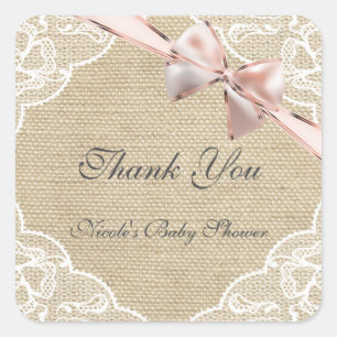Sticker Carré Stick Baby shower Burlap Lace & Pink Bow