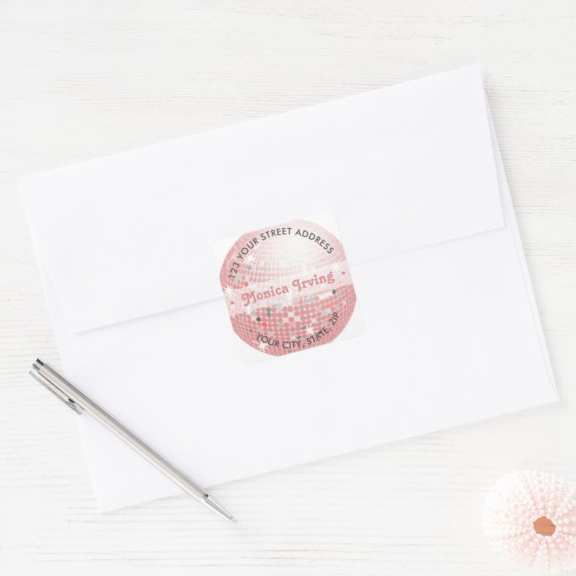 Sticker Carré Stick d'adresse Dusty Pink Disco Ball Retro les an (Enveloppe)