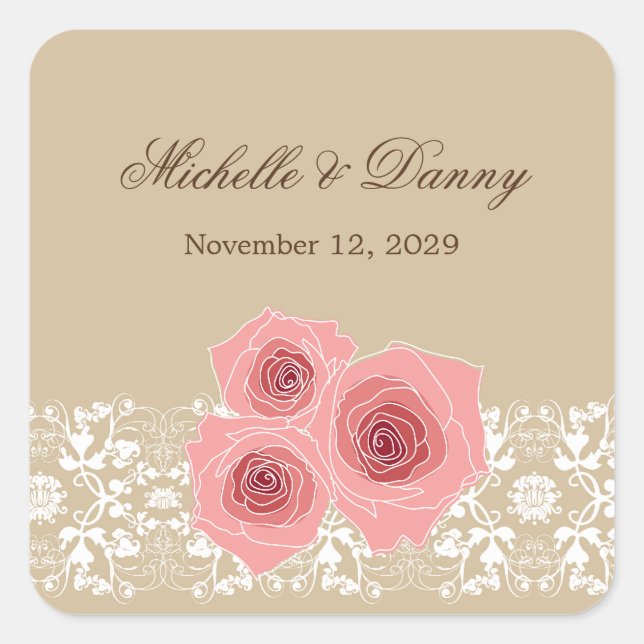 Sticker Carré Stick Mariage de dentelle en rose romantique Roses (Devant)