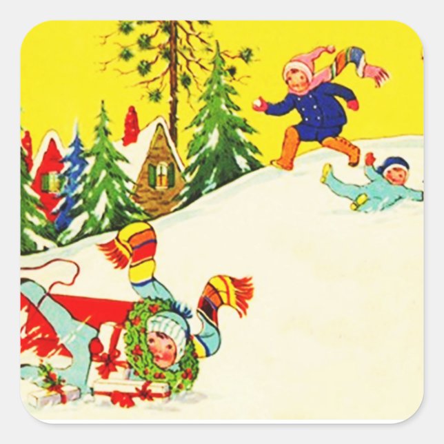 Sticker Carré Stick Vintage neige hiver vacances amusant Sleddin (Devant)