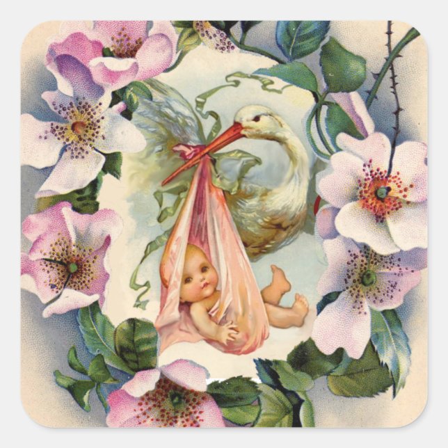STICKER CARRÉ STORK FILLE BABY SHOWER COURONNE AVEC DES ROSES SA (Devant)