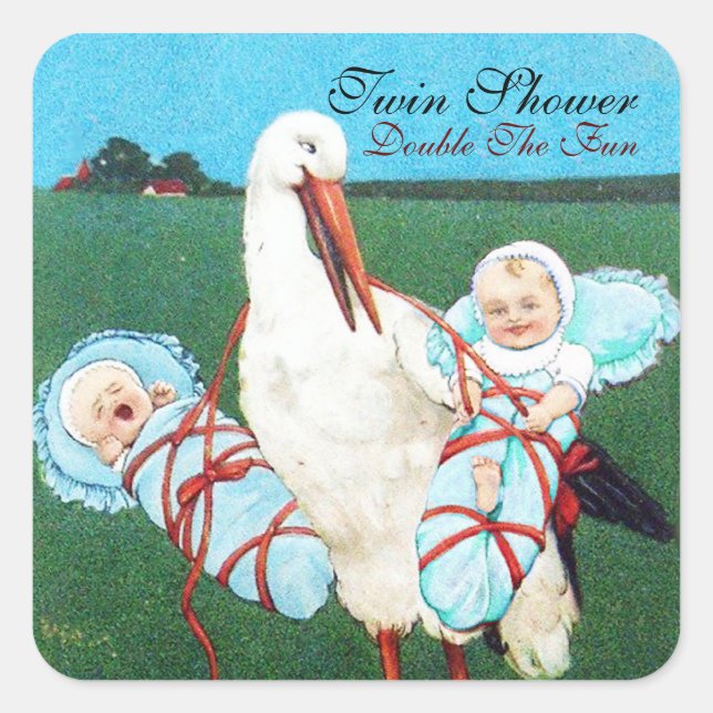 Sticker Carré STORK TWIN BÉBÉ DOUCHE GARÇON, bleu turquoise (Devant)