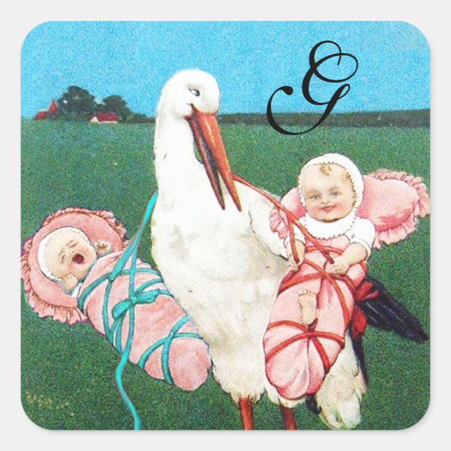 STICKER CARRÉ STORK TWIN BÉBÉ FILLE DOUCHE MONOGRAM (Devant)