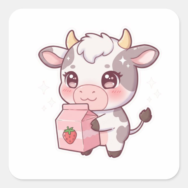 Sticker Carré Strawberry Milk Cow – Kawaii Vibes Only! (Devant)