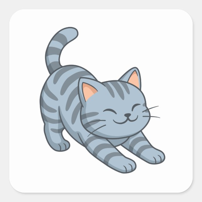 Sticker Carré Stretching Grey Tabby Cat (Devant)