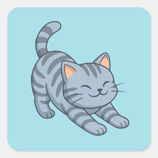 Sticker Carré Stretching Grey Tabby Cat Blue (Devant)