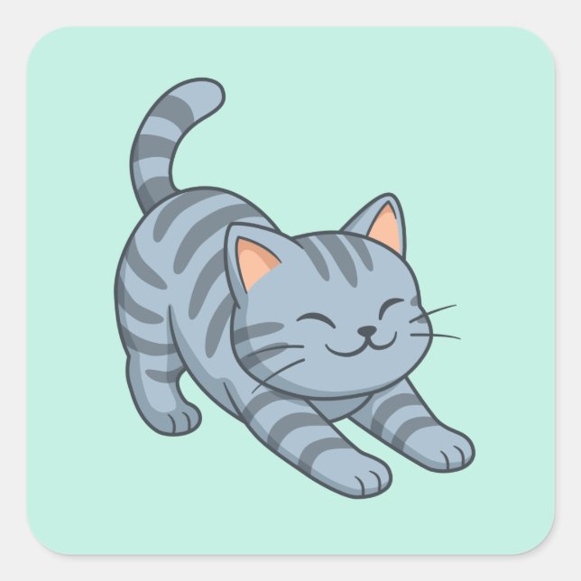 Sticker Carré Stretching Grey Tabby Cat Green (Devant)