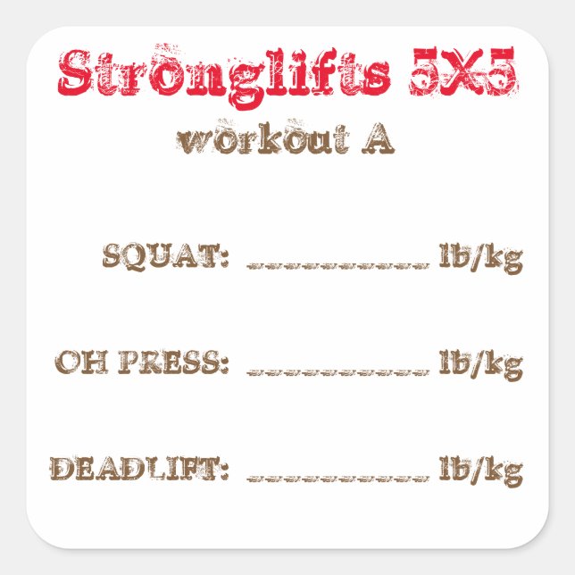 Sticker Carré Stronglifts 5x5 tracker - entraînement A. (Devant)