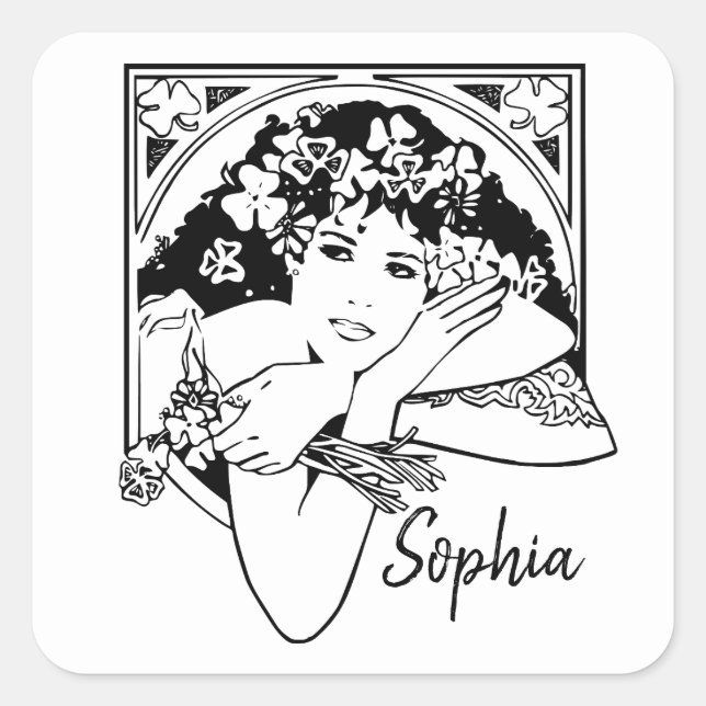 Sticker Carré Style Art nouveau moderne shamrock fille noir blan (Devant)