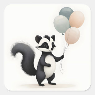 Sticker Carré Style Boho minimaliste Skunk avec ballons