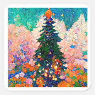 Sticker Carré Style Mucha Arbre de Noël