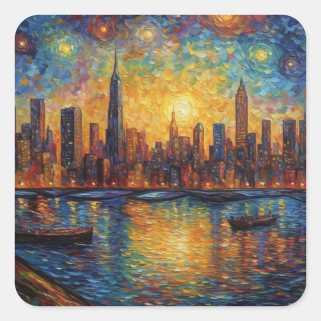 Sticker Carré Style New York City Skyline van Gogh (Devant)