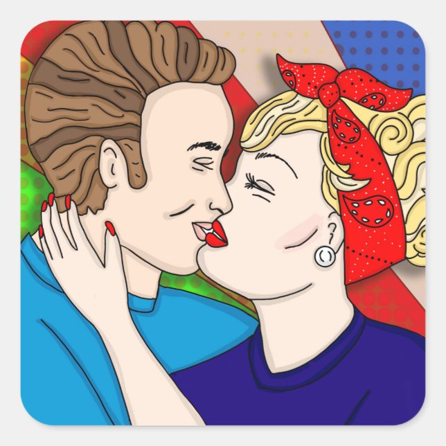 Sticker Carré Style Pop Art Couple Kissing 1950 (Devant)