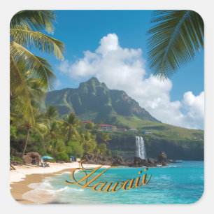Sticker Carré Style Vintage Hawaïen Palmiers Mer Bleu Ciel Voyag