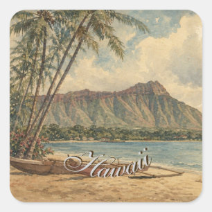 Sticker Carré Style Vintage Hawaïen Voyage Côte Mer
