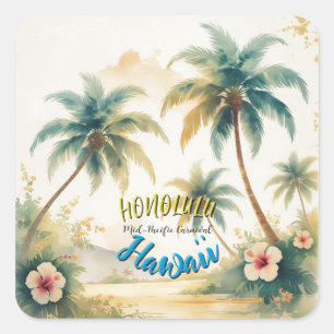 Sticker Carré Style vintage Hawaiian Seascape Palms Travel Art
