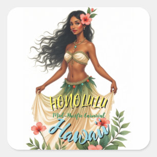 Sticker Carré Style vintage Hawaiian Travel Honolulu Hula Girl