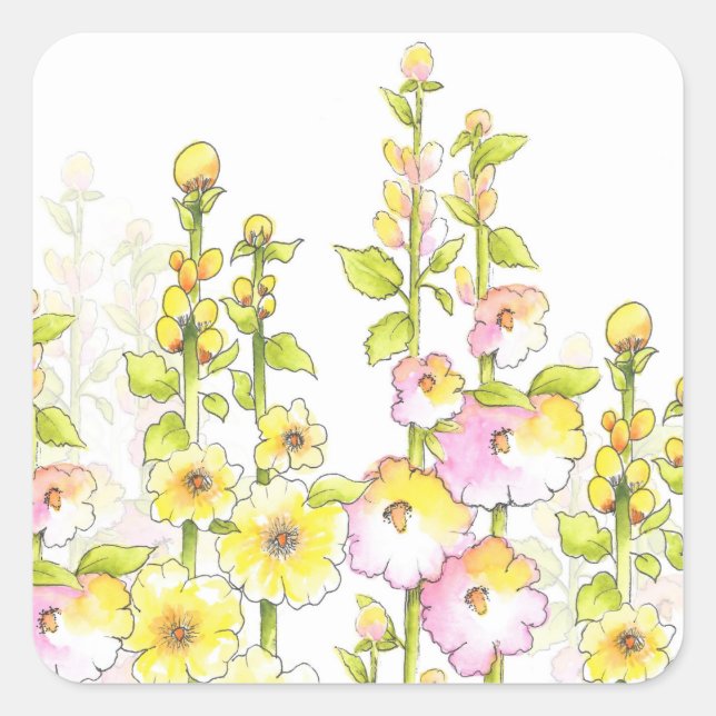 Sticker Carré Stylo rose jaune et aquarelle Champ de Hollyhocks (Devant)