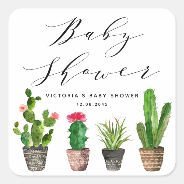 Sticker Carré Succulents à pots de saumons et Baby shower de cac (Devant)
