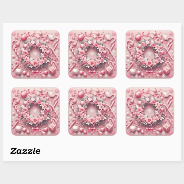 Sticker Carré Sucres de canne roses de Noël Balls Wreath (Feuille)