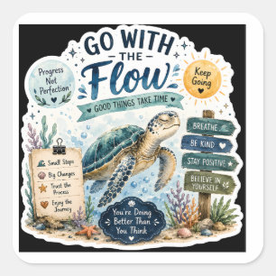 Sticker Carré Suivez Le Courant – Tortue de Mer Aquarelle