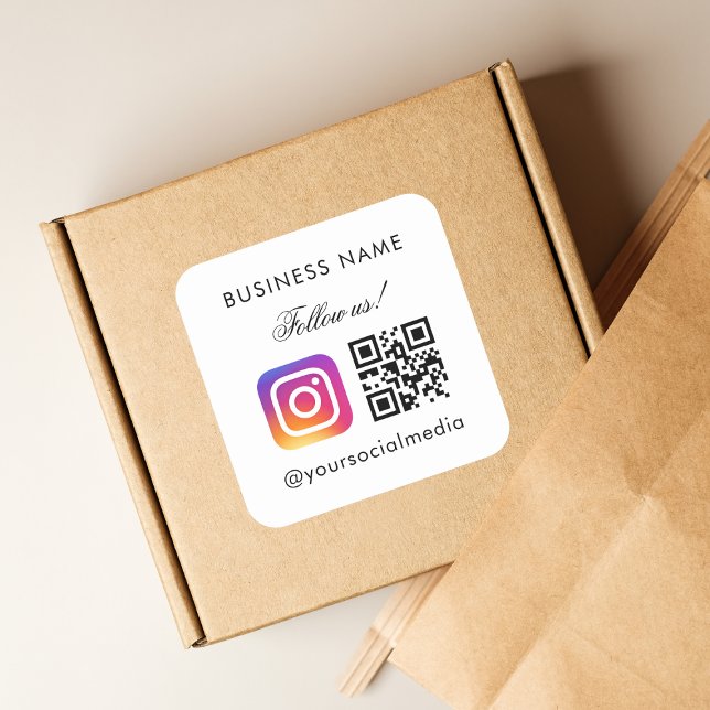 Sticker Carré Suivez-nous Code QR personnalisé Nom commercial In (Créateur téléchargé)