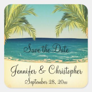 Sticker Carré Summer Beach et Palm Trees Mariage Sauvez la date