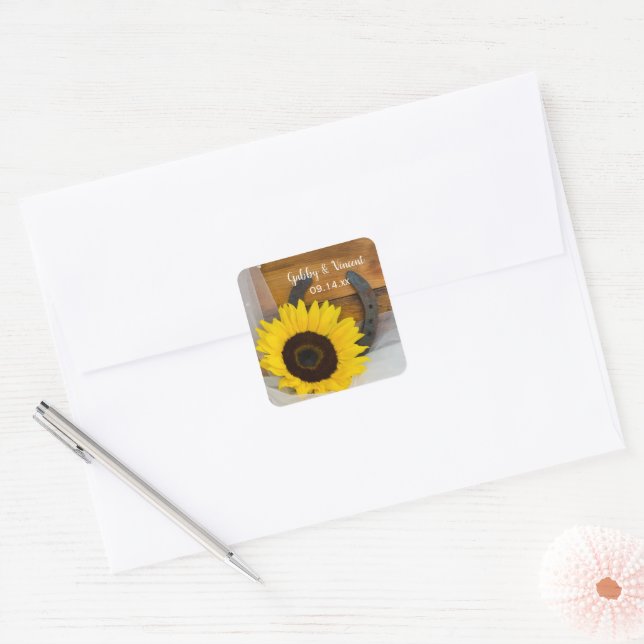 Sticker Carré Sunflower and Horseshoe Country Western Wedding (Enveloppe)