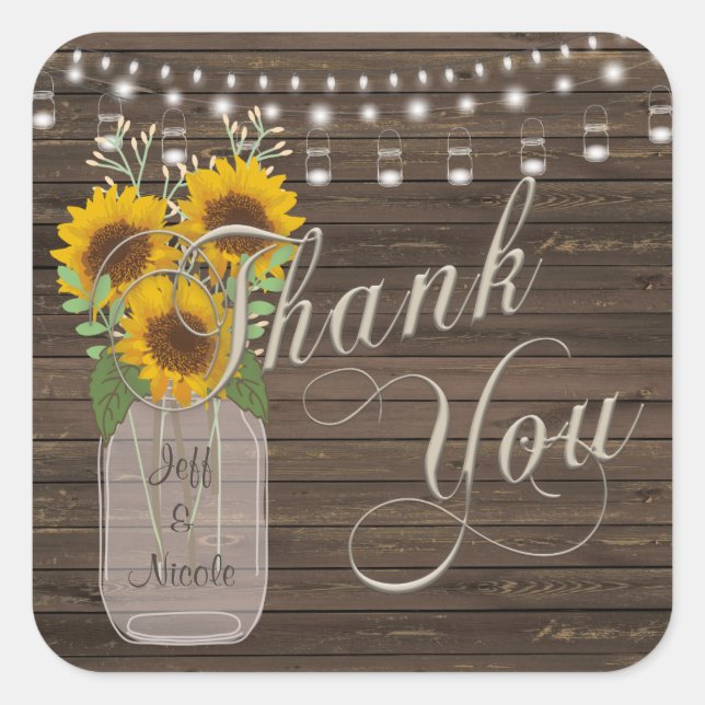 Sticker Carré Sunflower Country Wood Mason Jar Mariage (Devant)