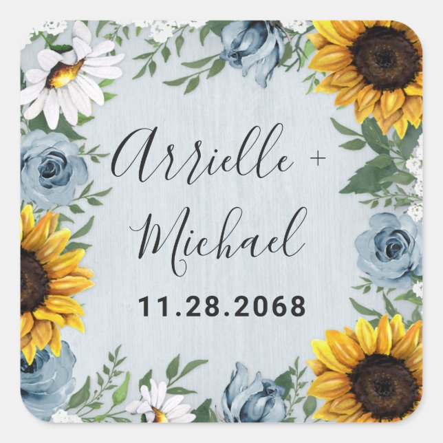 Sticker Carré Sunflower Dusty Blue Country Rustic Roses Wedding (Devant)