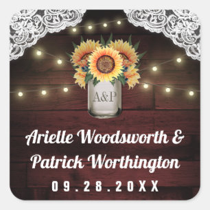 Sticker Carré Sunflower Mason Jar Bois dentelle mariage Favorise