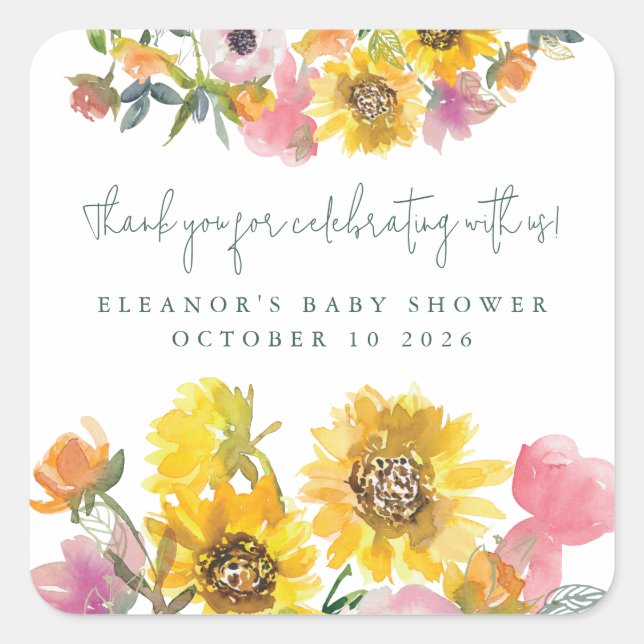 Sticker Carré Sunflower Yellow Aquarelle Baby shower Floral (Devant)