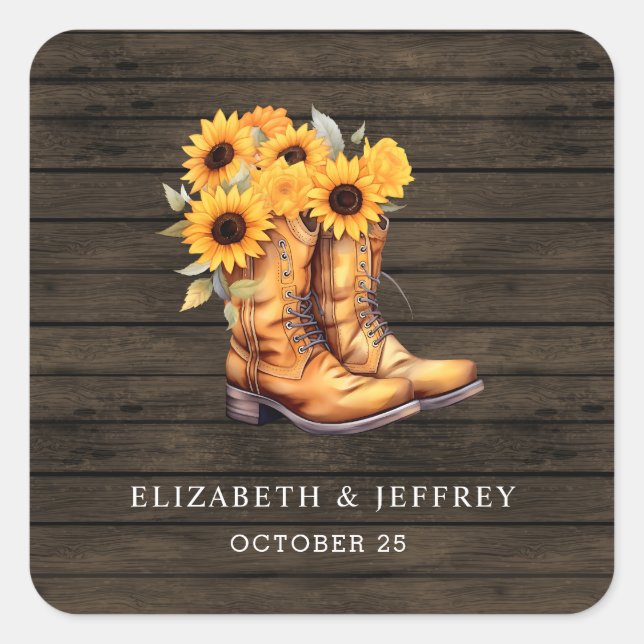 Sticker Carré Sunflowers Cowboy Boots Barre Bois Mariage de l'Ou (Devant)