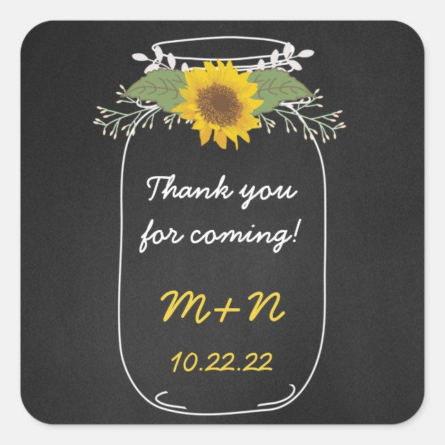 Sticker Carré Sunflowers Mason Jar merci mariage faveur (Devant)