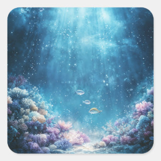 Sticker Carré Sunlit Coral Wonderland avec le poisson tropical