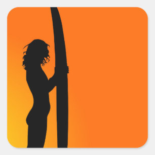 Sticker Carré Sunset Surfer Girl avec surf