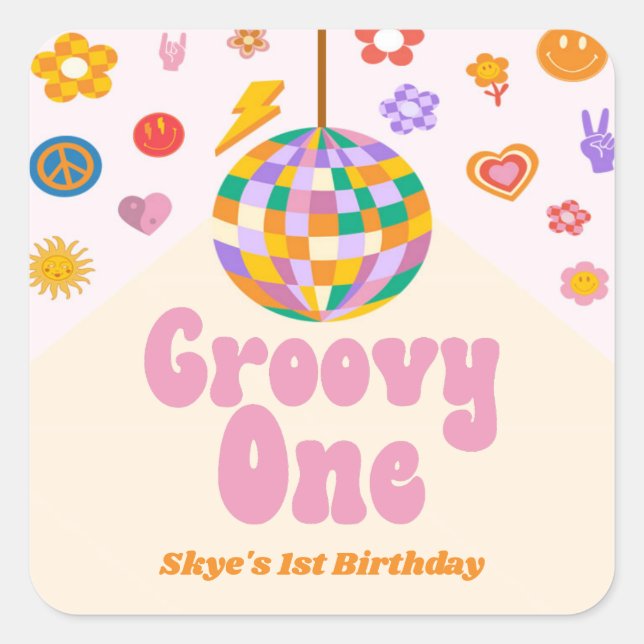 Sticker Carré Super Retro Disco Ball 1er Anniversaire Fête Favor (Devant)