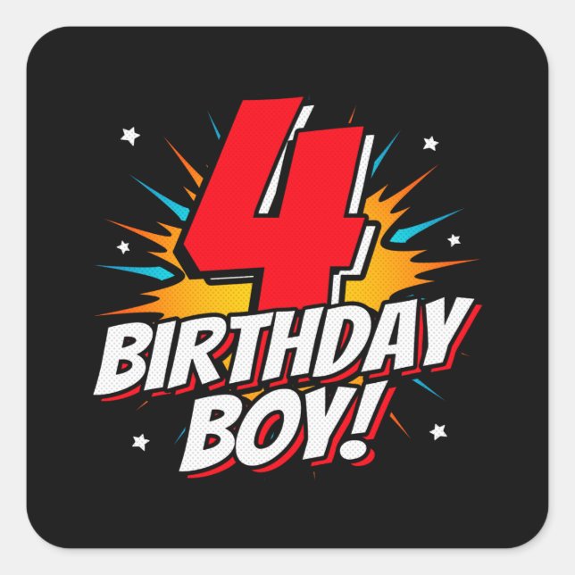 Sticker Carré Superhero Anniversaire Garçon - 4 ans - 4e anniver (Devant)