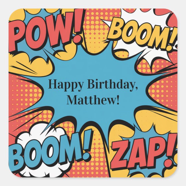 Sticker Carré Superhero Comic Book Pop Art Boy Birthday Party (Devant)
